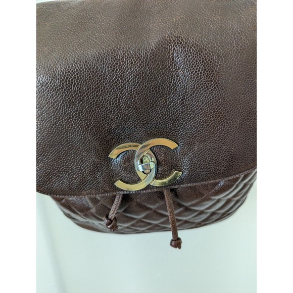 CHANEL Vintage Quilted Brown Caviar Turnlock CC Backpack With Gold Chains main image 4